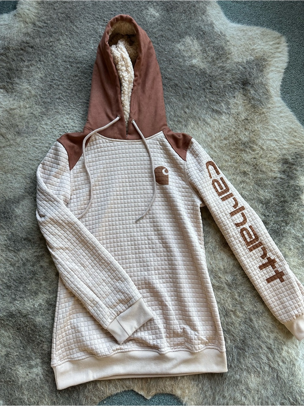 Carhartt Women's Quilted Cream Pullover with Brown Hood & Sleeve Logo